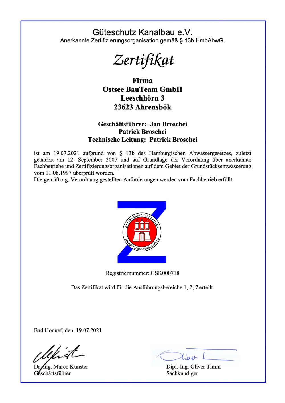 Zertifikat – Güteschutz Kanalbau e. V.