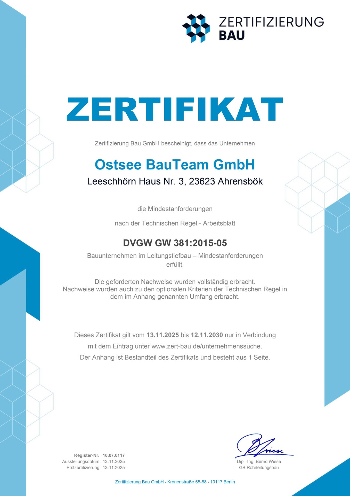 Zertifikat – Leitungstiefbau 1